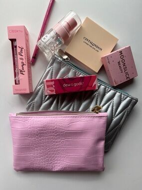 Pink Croc-Texture and Silver Makeup Pouch with makeup